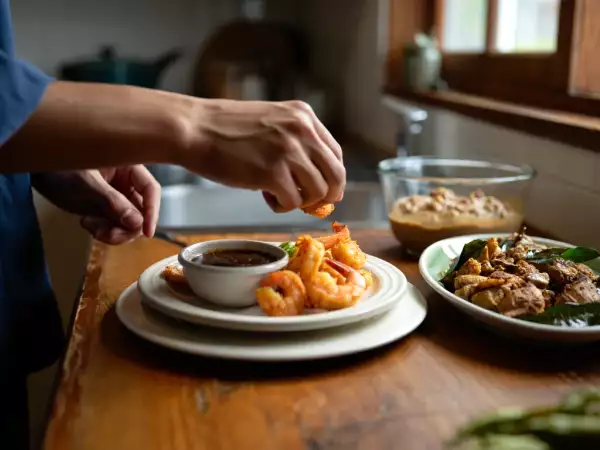 Daily menu, July 7th: a tropical feast with coconut shrimp, flavorful chicken, and a vegan dessert