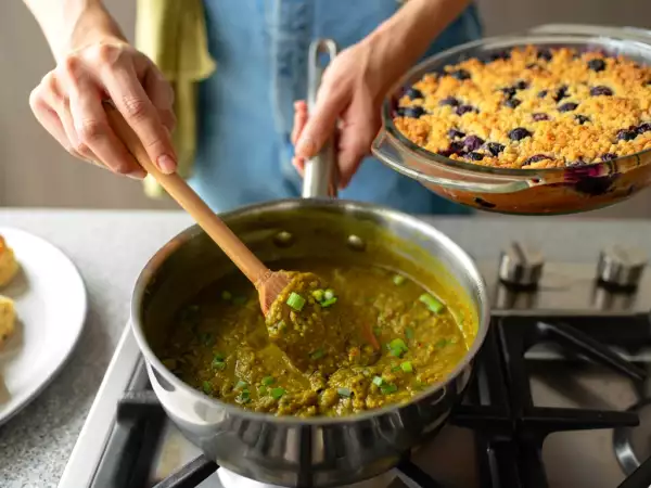 Daily menu, August 18: delightful homemade savory biscuits, vibrant green onion sambar, and a sweet blueberry banana buckle