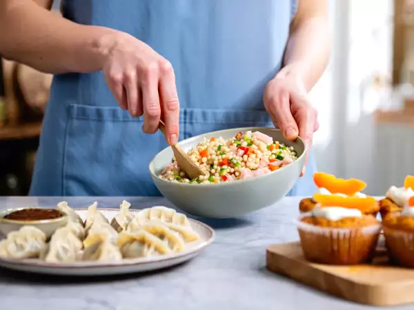 Daily menu, August 26: refreshing pearl couscous salad, savory chicken momo, and delightful apricot muffins