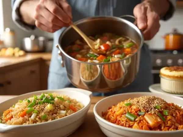 Daily menu, August 27: a delightful chicken mushroom soup, vibrant fried rice, and a quick cheesecake