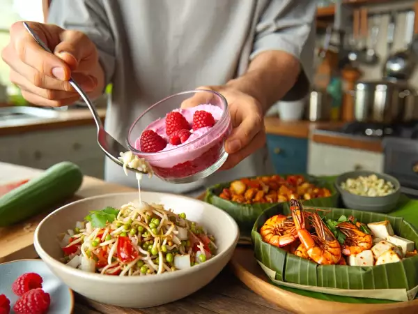 Daily menu, August 29: a delightful journey with mung sprouts salad, grilled shrimp and tofu, and raspberry mousse