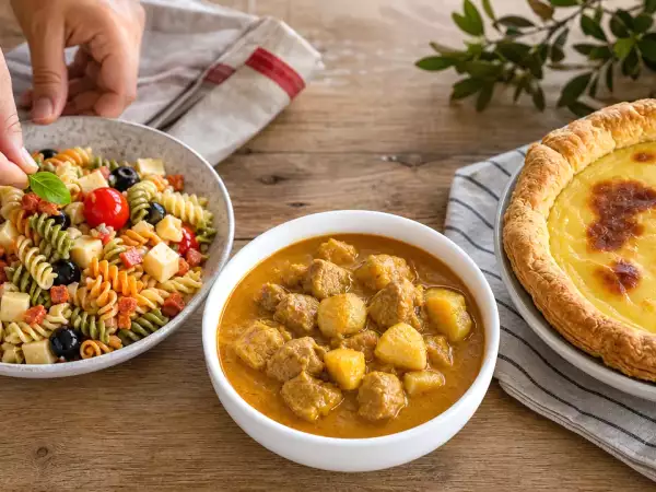 Daily Menu, September 21: a delightful trio of easy party pasta salad, Malaysian chicken curry, and giant pastel de nata