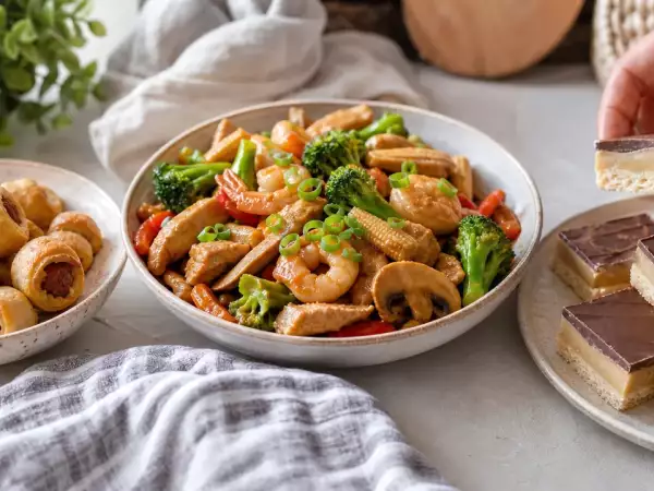 Daily Menu, September 23: delightful pineapple rolls, vibrant chicken & shrimp stir-fry, and indulgent millionaire's shortbread