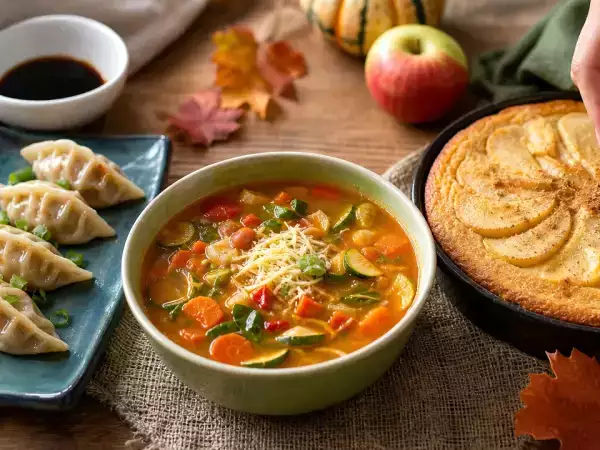 Daily menu, October 3: delightful chicken gyozas, hearty vegetable minestrone, and acorn squash pie