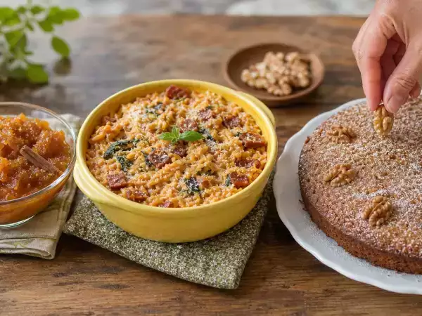 Daily menu, October 9: a delightful journey with butternut squash compote, creamy orzo pasta, and easy walnut cake