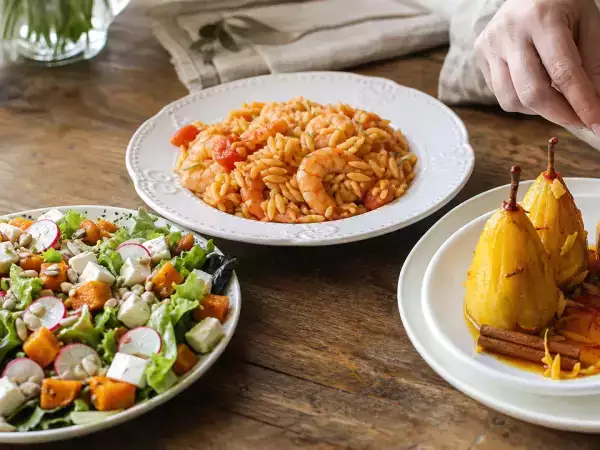 Daily menu, October 14: a delightful pumpkin salad, creamy orzo with shrimp, and poached pears