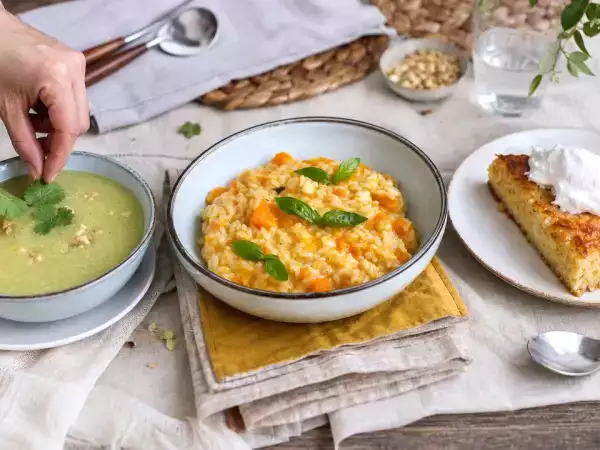 Daily menu, October 21: warming leek-coconut soup, pumpkin risotto and coconut custard pie