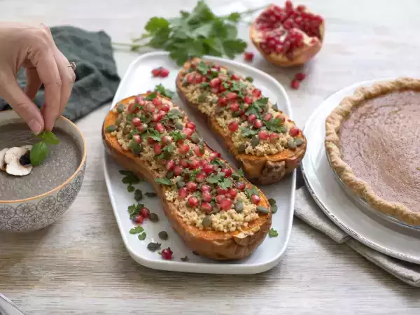 Daily menu, October 25: mushroom velouté, pomegranate quinoa squash and classic pumpkin pie