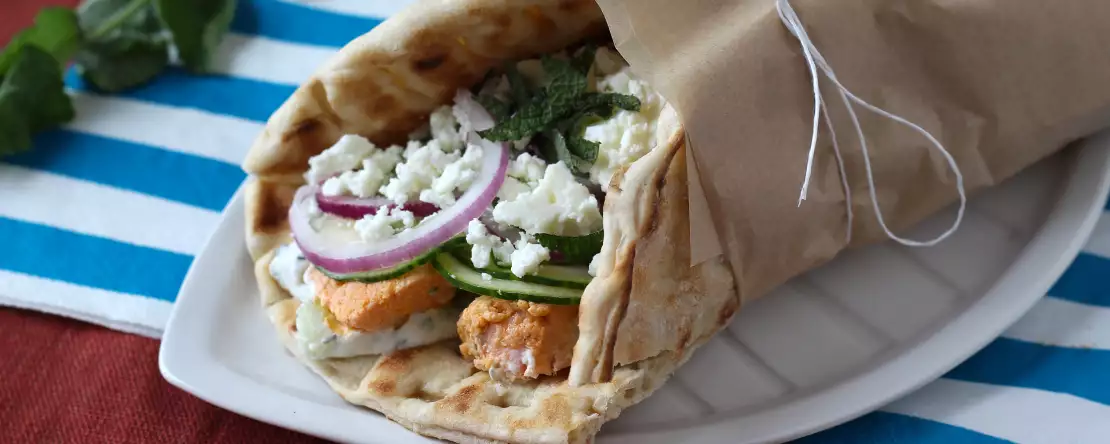 Gyros with salmon, the perfect greek fish sandwich for summer!