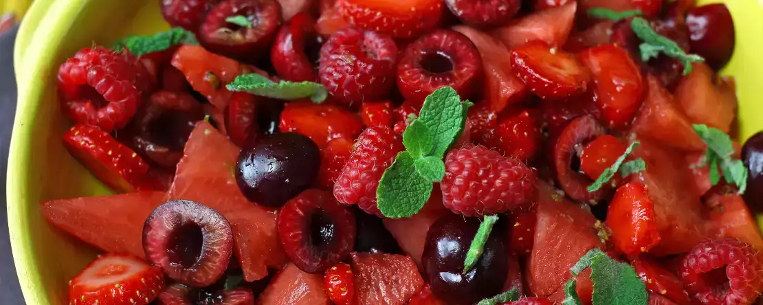 Red fruit salad: strawberry, raspberry, cherry and watermelon, perfect for summer!