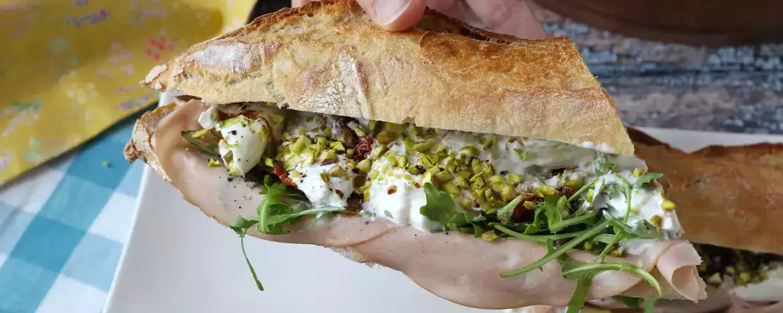 Gourmet Italian mortadella and burrata sandwich
