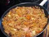 Recipe Yakisoba noodles with pan seared pork tenderloin, fresh cabbage, carrots