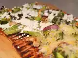 Recipe Grilled focaccia bread pizza with pomegranate citrus shrimp and broccoli