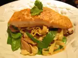 Recipe Seared salmon with shiitake and snow pea lo mein