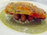Recipe Salmon wrapped in filo with a watercress sauce and cauliflower couscous.