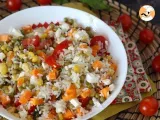 Recipe Vegetarian rice salad: feta, corn, carrots, peas, cherry tomatoes and mint