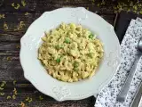 Recipe Macaroni pasta risotto with peas, zucchini, and garlic herb cheese