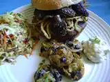 Recipe Morel mushroom stuffed teriyaki burgers and morel tater tots, with roasted garlic