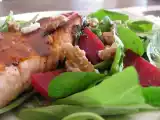 Recipe Maple walnut salmon over beet & goat cheese greens