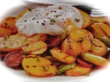 Recipe Potato pan fry with crispy chorizo & warn chicken salad