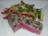 Recipe Seared tuna steaks with asian coleslaw and wasabi aioli dipping sauce
