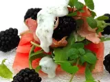 Recipe Watermelon carpaccio with pastrami, black berries and a light yogurt and mint dressing