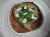 Recipe Sweet corn and roasted poblano soup in a bread bowl