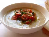 Recipe Cold puree of fava bean soup with cherry tomato and basil relish