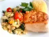 Recipe Pan Seared & Roasted Halibut, Summer Garden Succotash and Yellow Lemon Rice
