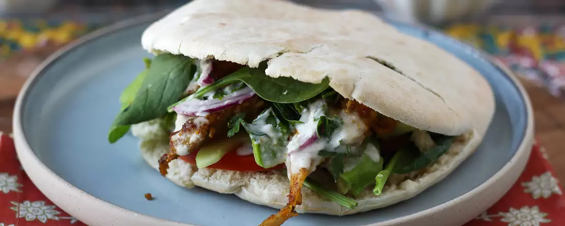 Air fryer chicken shawarma with pita and tahini sauce