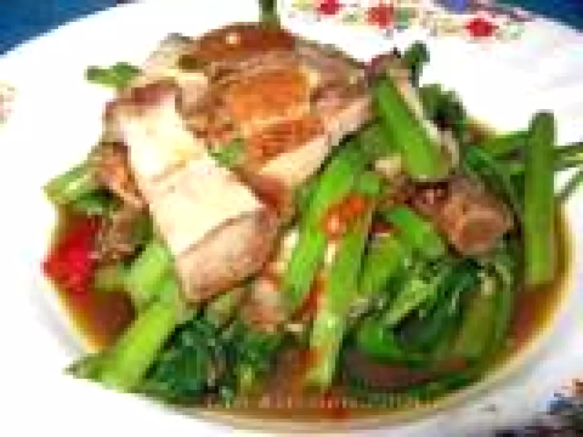 Stir Fried Swamp Cabbage with Crispy Pork (Pad Pak Boong Mou Krob)