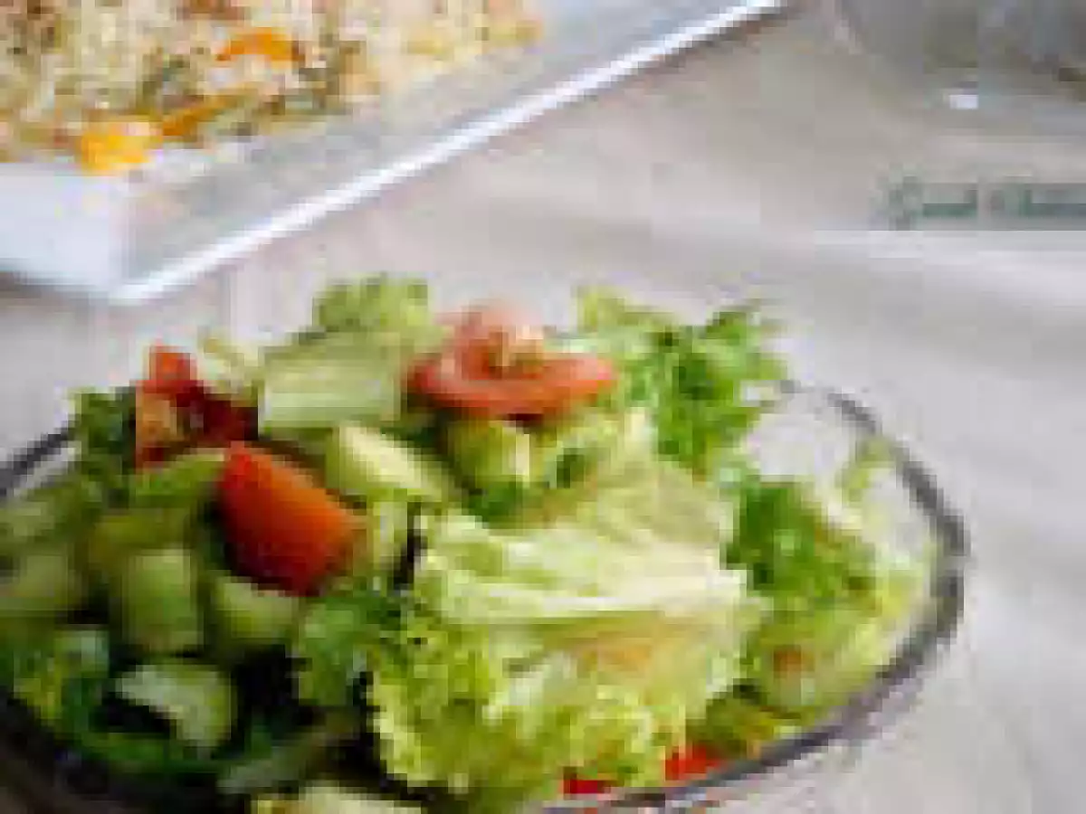 Cucumber Tomato and Lettuce Salad with Tahini Dressing