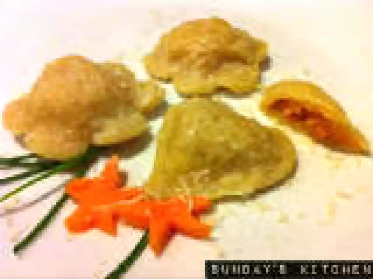 Buckwheat ravioli stuffed with pumpkin and mashed potatoes