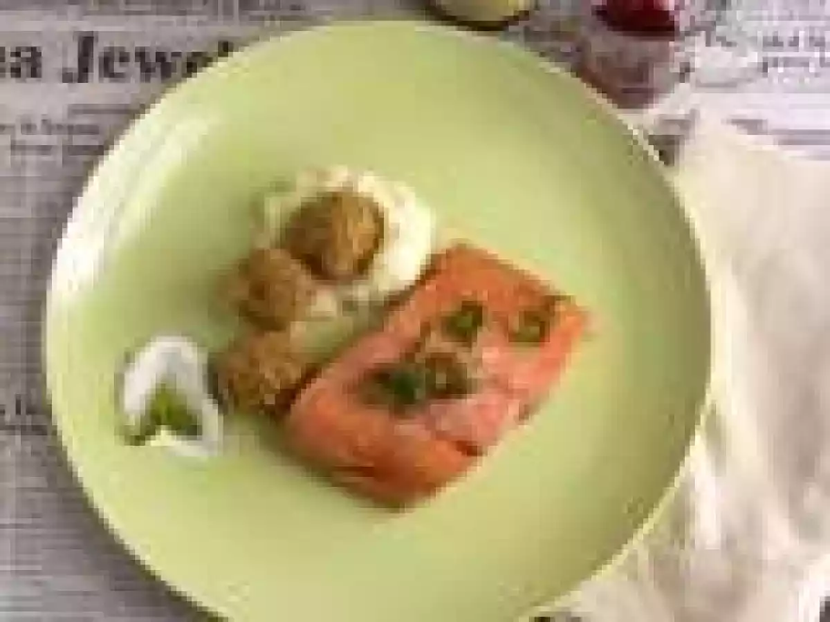 Fish & Chips Makeover: Framboise Lambic Poached Sockeye Salmon, Buttermilk Celeriac, & Minted Mushy Pea Croquettes with Garlic Yogurt Dipping Sauce