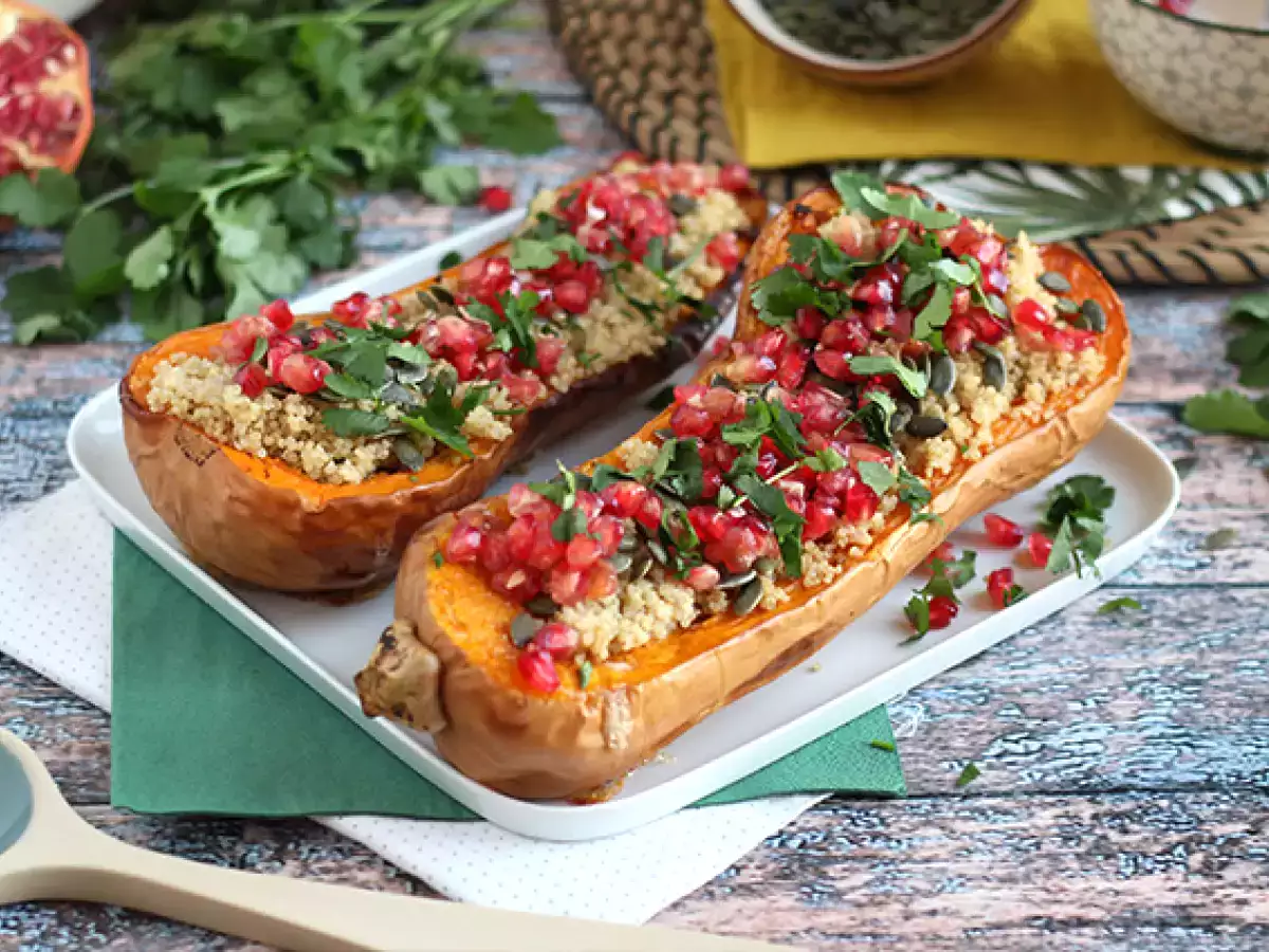 Recipe Vegan quinoa stuffed butternut squash with pomegranate