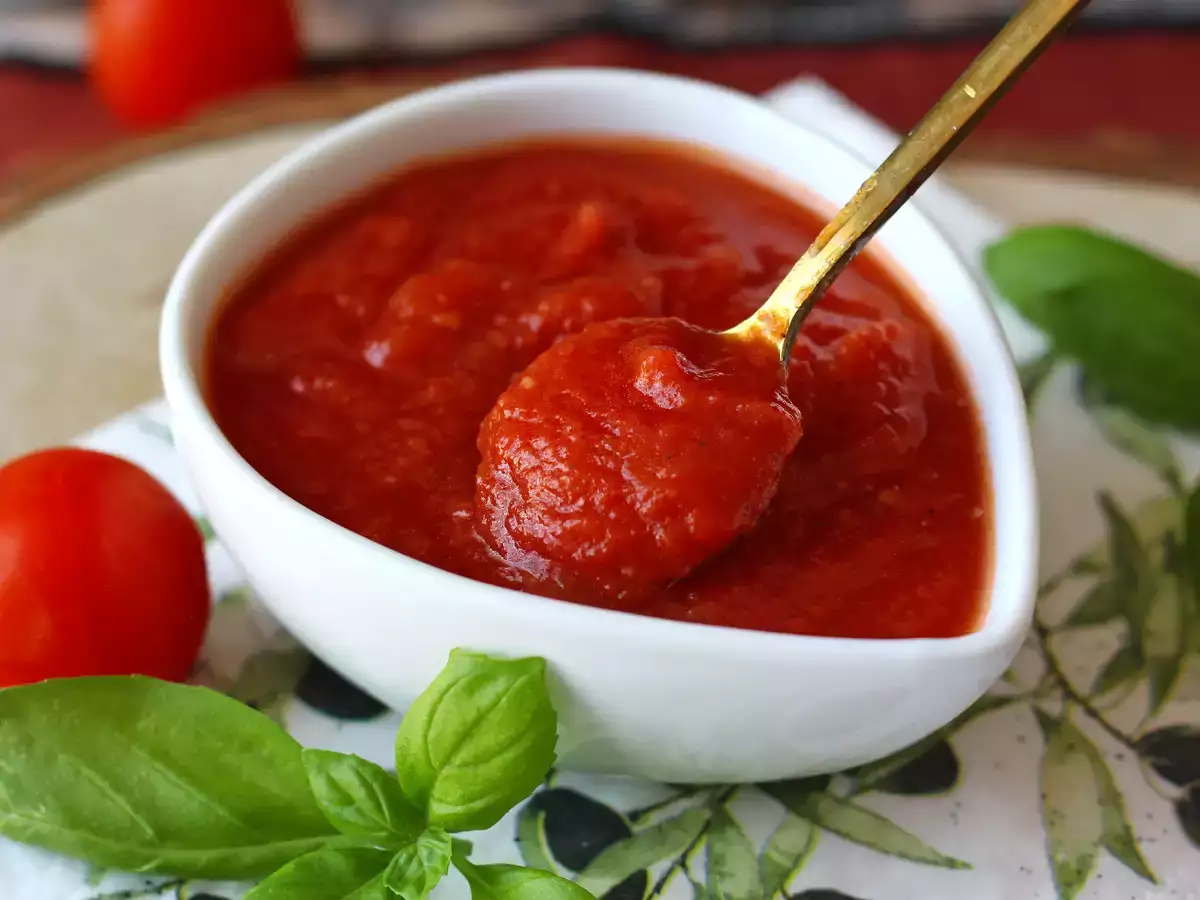 Recipe A full-flavoured raw tomato sauce, ideal as a topping for pizza or pinsa