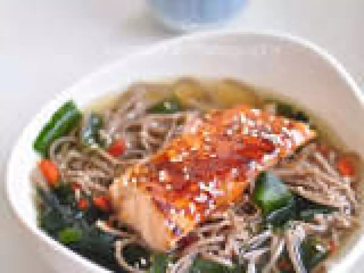 Soba Noodle in Kombu Dashi with Teriyaki Salmon