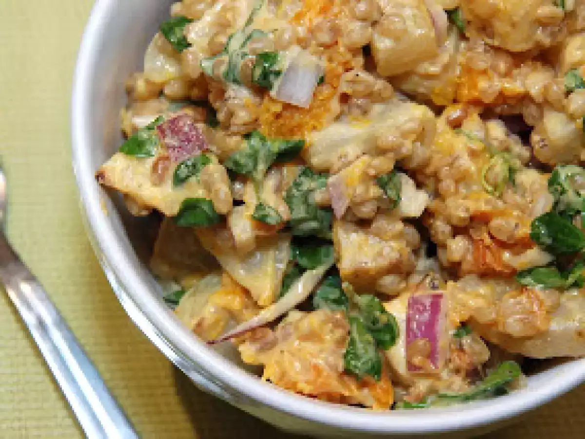 Recipe Roasted butternut squash, celery root and kohlrabi wheat berry salad