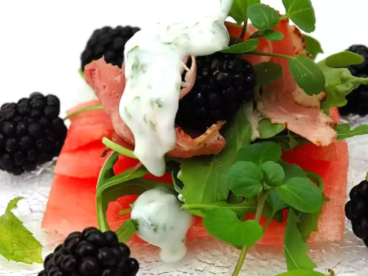 Recipe Watermelon carpaccio with pastrami, black berries and a light yogurt and mint dressing