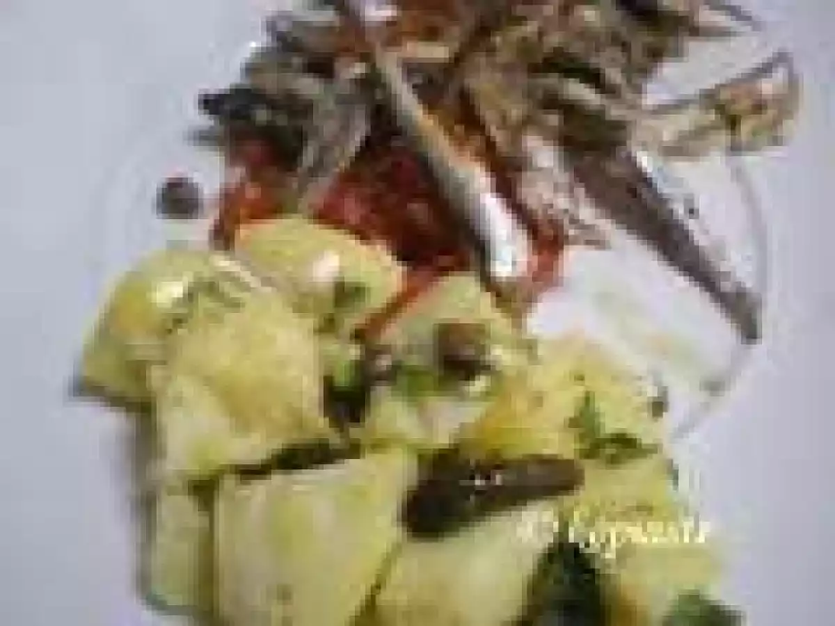 Gavros Ladorigani and Potato Salad