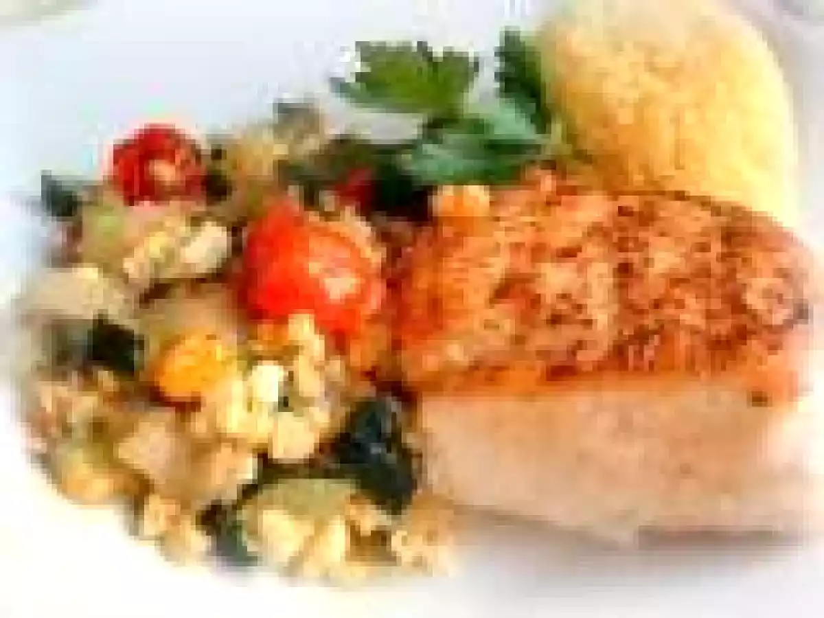 Pan Seared & Roasted Halibut, Summer Garden Succotash and Yellow Lemon Rice