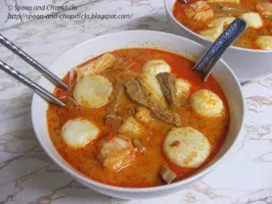 Recipe Homemade laksa soup with fish ball and beef
