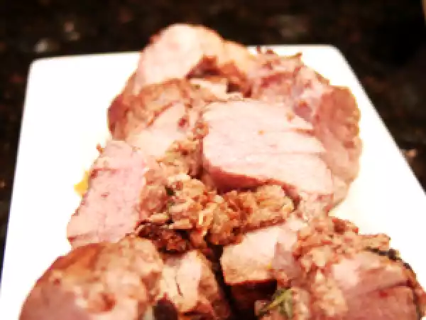 Recipe Clean eating-pomegrante glazed stuffed pork tenderloin