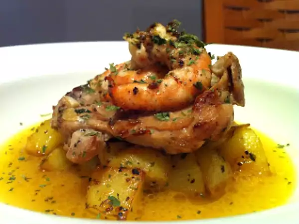 Recipe Oriental surf and turf - chicken and shrimp with cubed potatoes