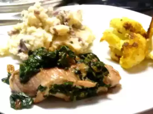 Recipe Stuffed pork chops, mashed potatoes and roasted cauliflower