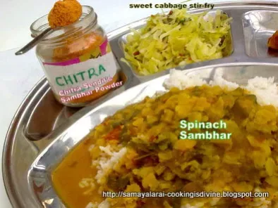 Recipe Spinach sambhar with sweet cabbage stir-fry