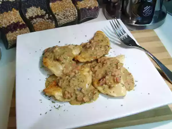 Recipe Potato, cheese and caramelized onion perogies with ham and mustard brown butter sauce