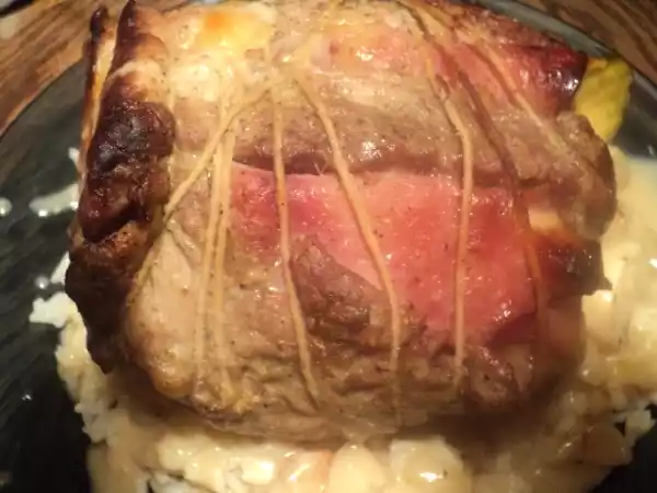 Recipe Pork loin stuffed with ham, swiss and dill pickles