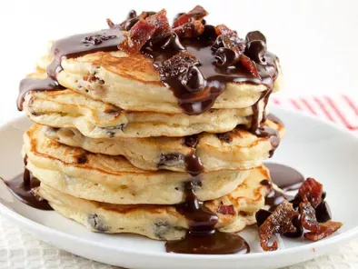 Recipe Chocolate chip and candied bacon pancakes with nutella maple syrup