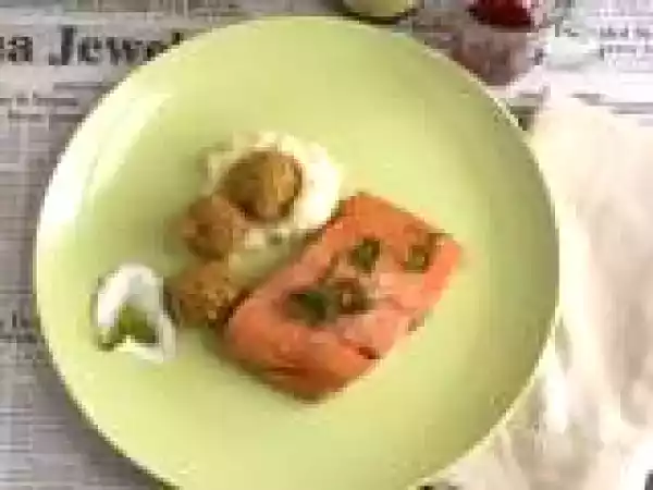 Recipe Fish & Chips Makeover: Framboise Lambic Poached Sockeye Salmon, Buttermilk Celeriac, & Minted Mushy Pea Croquettes with Garlic Yogurt Dipping Sauce